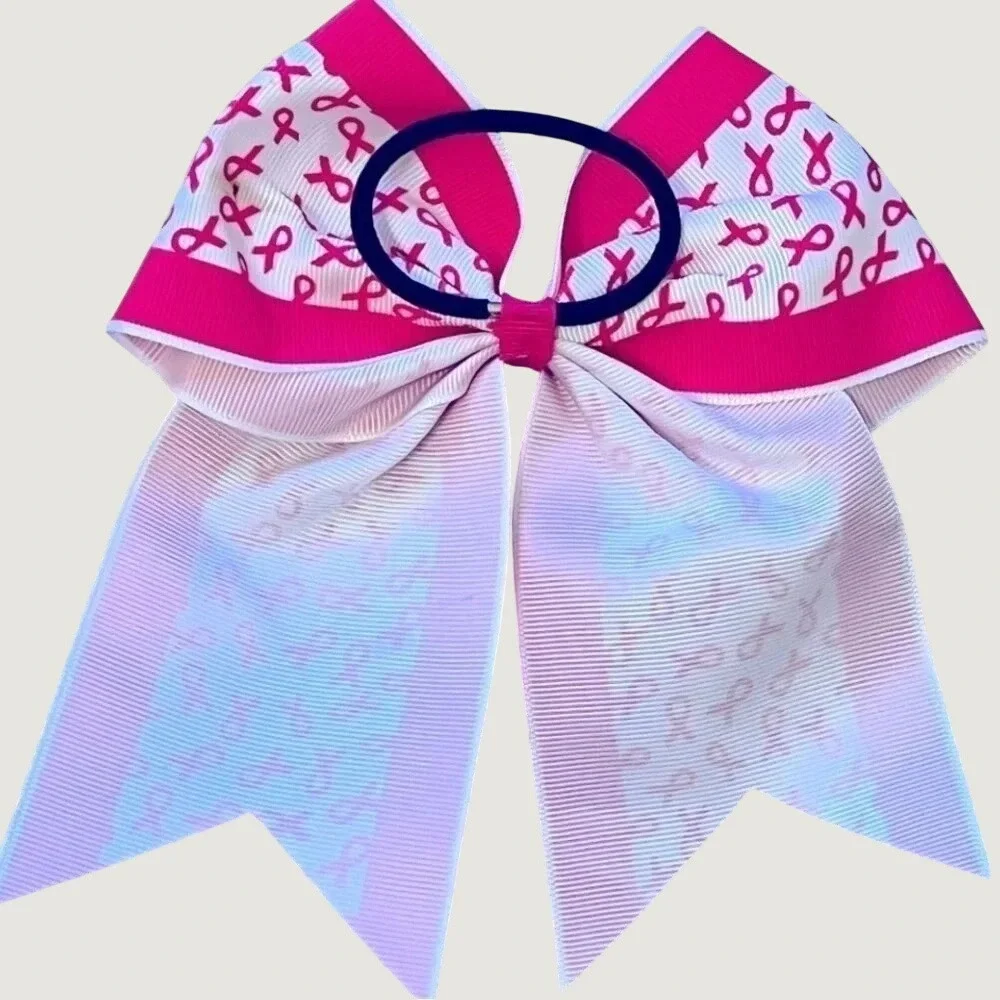 Cheer Hair Bows Set Of 2 Pink White Breast Cancer Awareness Glitter Sparkle